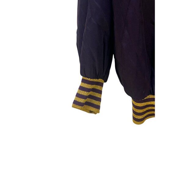 Caché Satin Bomber Jacket Gold Sunburst Crafty Embellishments Striped Size L Pu - Picture 8 of 10